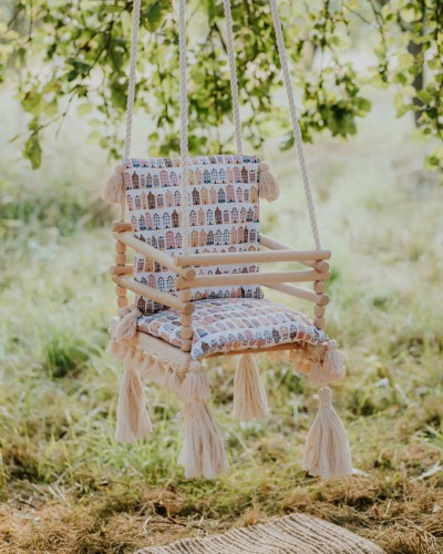 Huśtawka drewniana handmade dla dzieci 3w1 – pastelowe domki