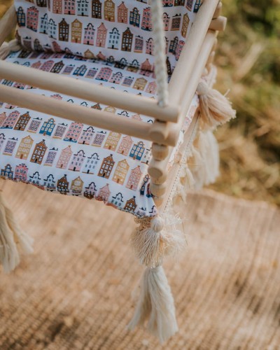 Huśtawka drewniana handmade dla dzieci 3w1 – pastelowe domki