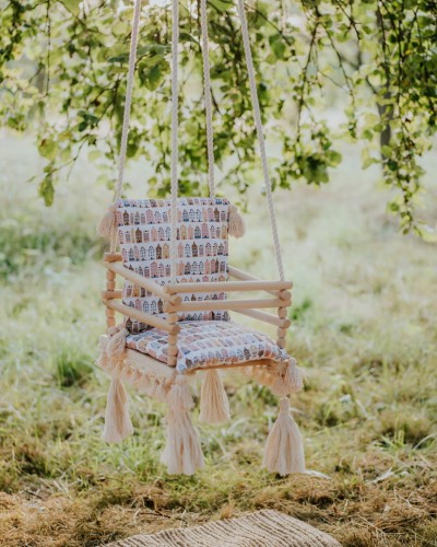 Huśtawka drewniana handmade dla dzieci 3w1 – pastelowe domki