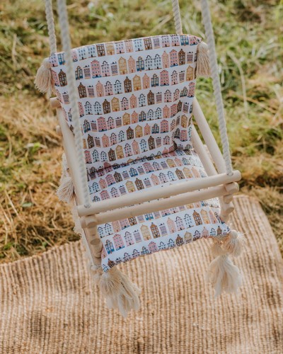 Huśtawka drewniana handmade dla dzieci 3w1 – pastelowe domki