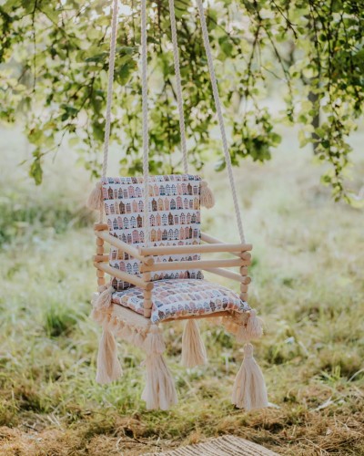 Huśtawka drewniana handmade dla dzieci 3w1 – pastelowe domki