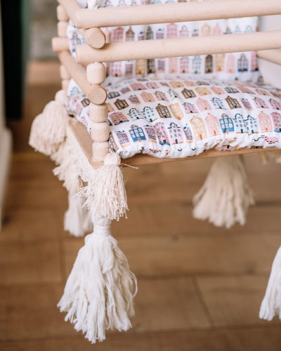 Huśtawka drewniana handmade dla dzieci 3w1 – pastelowe domki