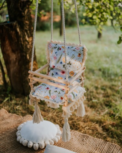 Huśtawka drewniana dla dzieci 3w1 – dzikie kwiaty na błękicie