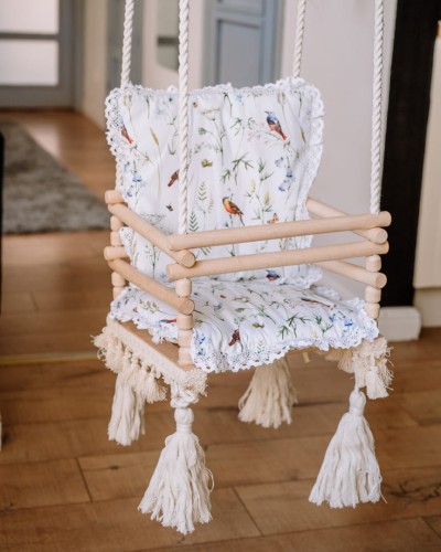 Huśtawka drewniana dla dzieci 3w1 – ptaki i kwiaty polne na bieli