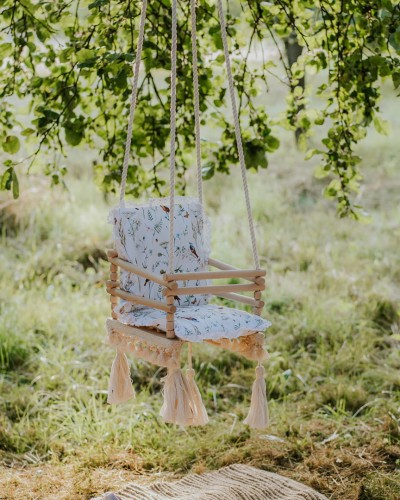 Huśtawka drewniana dla dzieci 3w1 – ptaki i kwiaty polne na bieli