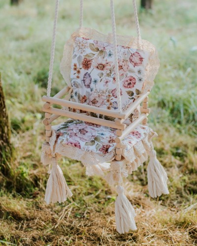 Huśtawka drewniana dla dzieci 3w1 – purpurowy ogród