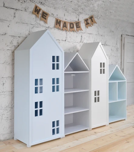 Zestaw solidnych mebli dziecięcych w kształcie domków z drewna Kolorowe Miasto