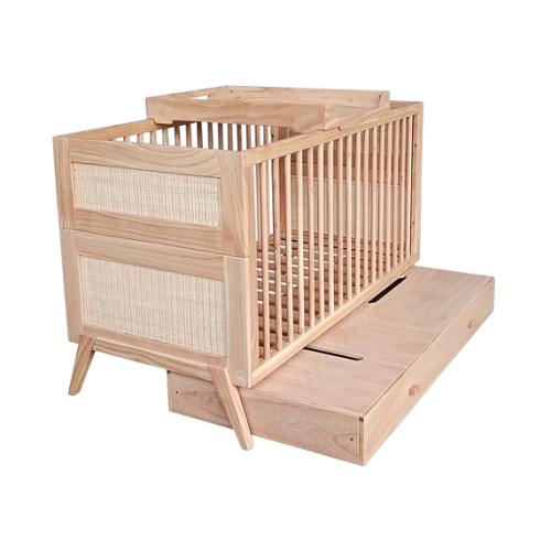 Łóżeczko niemowlęce 3w1 Marélia Bois z naturalnym rattanem 70x140cm
