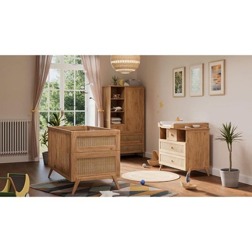 Łóżeczko niemowlęce 3w1 Marélia Bois z naturalnym rattanem 70x140cm