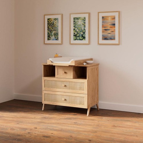 Zestaw drewnianych mebli dziecięcych Marélia Bois z naturalnym rattanem - łóżeczko 60x120cm