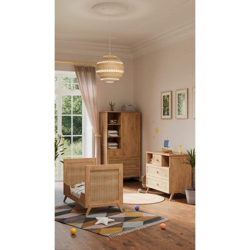 Zestaw drewnianych mebli dziecięcych Marélia Bois z naturalnym rattanem - łóżeczko 60x120cm