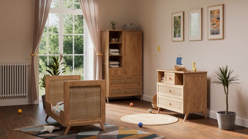 Zestaw drewnianych mebli dziecięcych Marélia Bois Naturel z naturalnym rattanem - łóżeczko 60x120cm