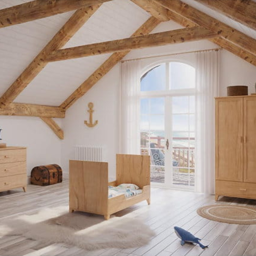 Zestaw drewnianych mebli do pokoju dziecięcego Naia Bois Naturele - łóżeczko 60x120cm