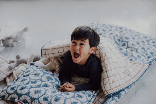 Śpiwór dziecięcy z poduszką w niebieskie lwy – bawełna i antyalergiczne wypełnienie