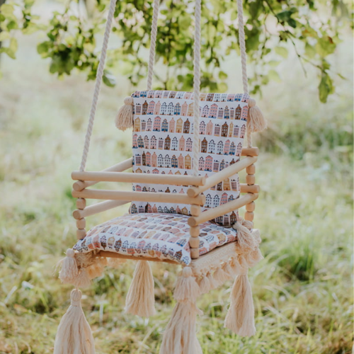 Huśtawka drewniana handmade dla dzieci 3w1 – pastelowe domki
