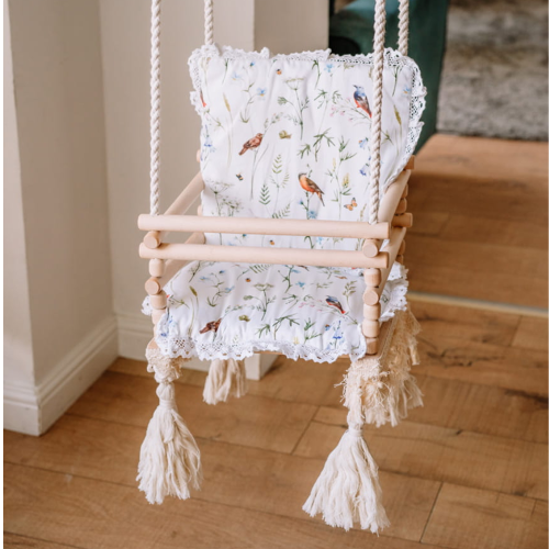 Huśtawka drewniana handmade dla dzieci 3w1 – ptaki i kwiaty polne na bieli