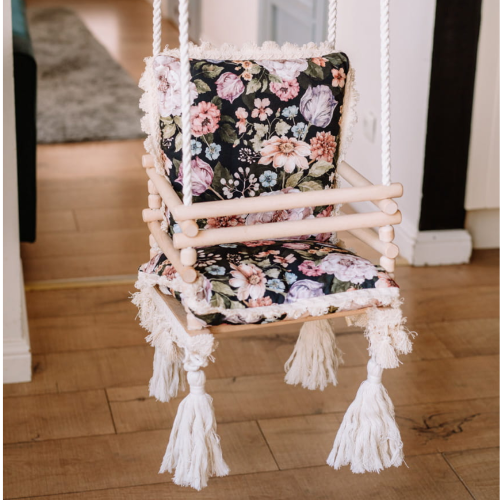 Huśtawka drewniana handmade dla dzieci 3w1 – purpurowy ogród na czarnym tle