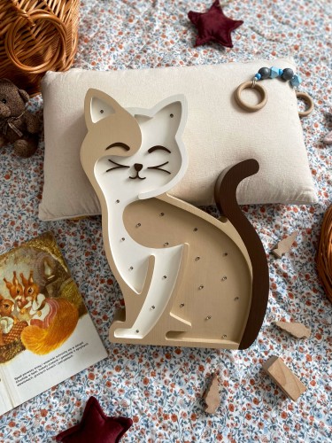 Drewniana Lampka nocna do pokoju dziecięcego Kotek