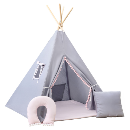 Tipi / namiot dziecięcy szaro-różowy - zestaw z kołderką i dwiema poduszkami 1.png
