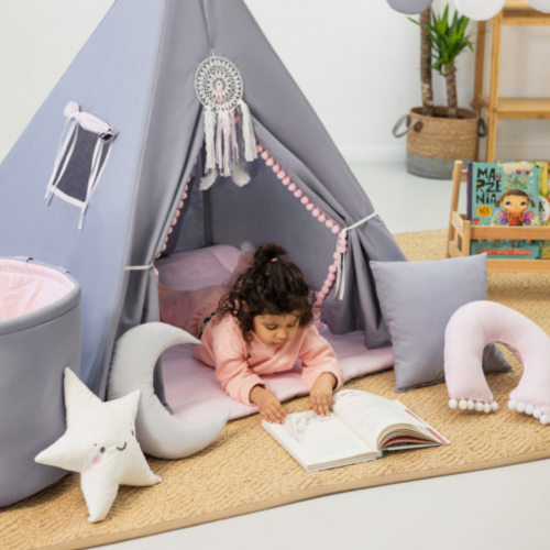 Tipi / namiot dziecięcy szaro-różowy - zestaw z kołderką i dwiema poduszkami 5.png