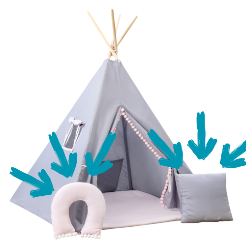Tipi XL / namiot dziecięcy szaro-różowy - zestaw z kołderką i dwiema poduszkami
