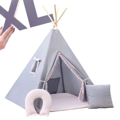 Tipi XL / namiot dziecięcy szaro-różowy - zestaw z kołderką i dwiema poduszkami