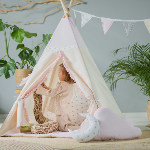 Tipi / namiot dziecięcy beżowo-różowy Słodka Królewna 110×110 cm – zestaw z kołderką i dwiema poduszkami