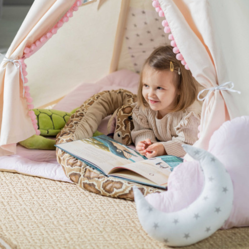 Tipi / namiot dziecięcy beżowo-różowy Słodka Królewna 110×110 cm – zestaw z kołderką i dwiema poduszkami