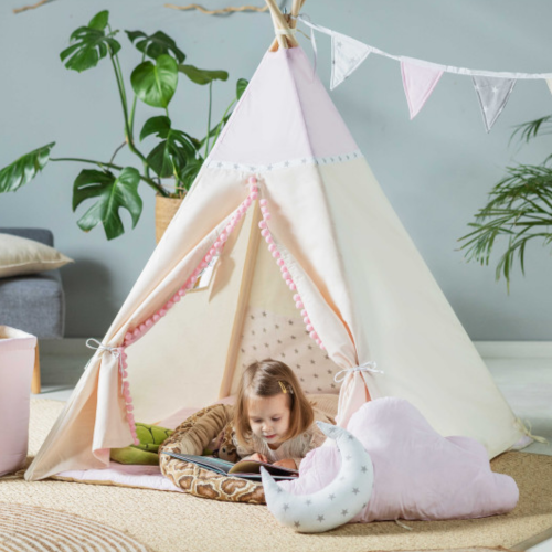 Tipi / namiot dziecięcy beżowo-różowy Słodka Królewna 110×110 cm – zestaw z kołderką i dwiema poduszkami