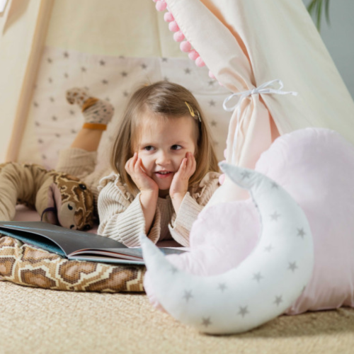 Tipi / namiot dziecięcy beżowo-różowy Słodka Królewna 110×110 cm – zestaw z kołderką i dwiema poduszkami