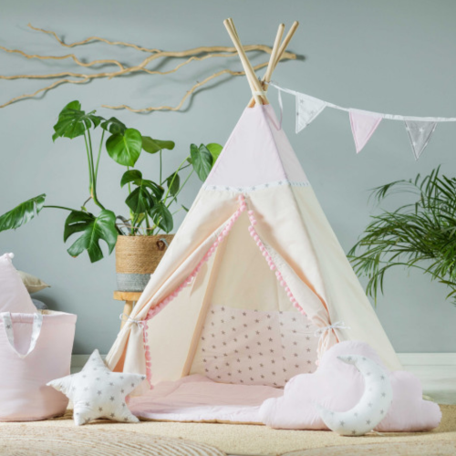 Tipi / namiot dziecięcy beżowo-różowy Słodka Królewna 110×110 cm – zestaw z kołderką i dwiema poduszkami