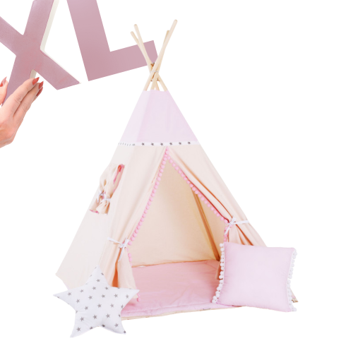 Tipi XL / namiot dziecięcy beżowo-różowy Słodka Królewna 125×125 cm – zestaw z kołderką i dwiema poduszkami