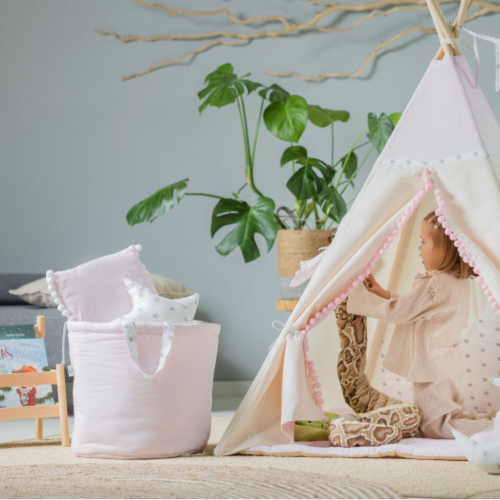 Tipi XL / namiot dziecięcy beżowo-różowy Słodka Królewna 125×125 cm – zestaw z kołderką i dwiema poduszkami