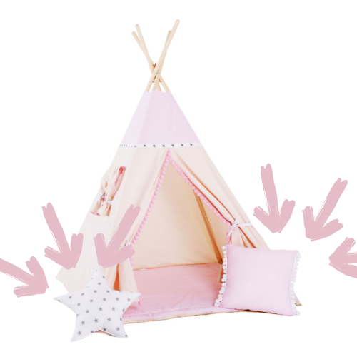 Tipi XL / namiot dziecięcy beżowo-różowy Słodka Królewna 125×125 cm – zestaw z kołderką i dwiema poduszkami