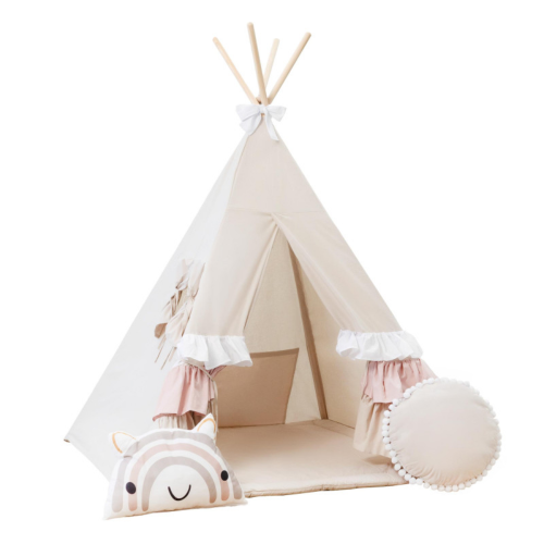 Tipi / namiot dziecięcy Słodkie Falbanki 110×110 cm – boho zestaw z kołderką i dwiema poduszkami