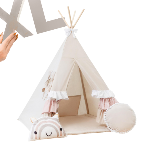Tipi XL / namiot dziecięcy Słodkie Falbanki 125×125 cm – styl boho, zestaw z kołderką i dwiema poduszkami