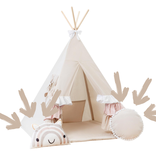 Tipi XL / namiot dziecięcy Słodkie Falbanki 125×125 cm – styl boho, zestaw z kołderką i dwiema poduszkami