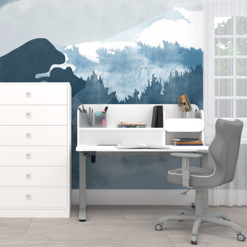 Biurko regulowane elektrycznie dla dziecka 5–9 lat białe 120x65 cm z nadstawką – 3 kolory stelaża do wyboru