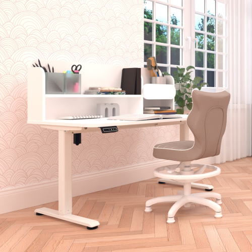 Biurko regulowane elektrycznie dla młodzieży 9–18 lat białe 120x65 cm z nadstawką – 3 kolory stelaża do wyboru
