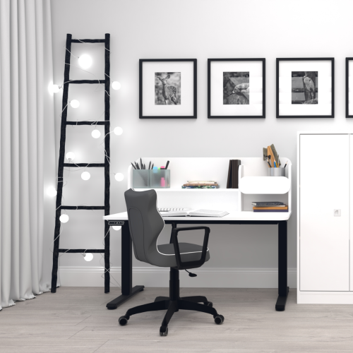 Biurko regulowane elektrycznie dla młodzieży 9–18 lat białe 120x65 cm z nadstawką – 3 kolory stelaża do wyboru